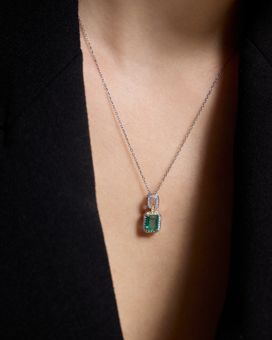 Verdant Grace Two Tone Emerald Silver Necklace