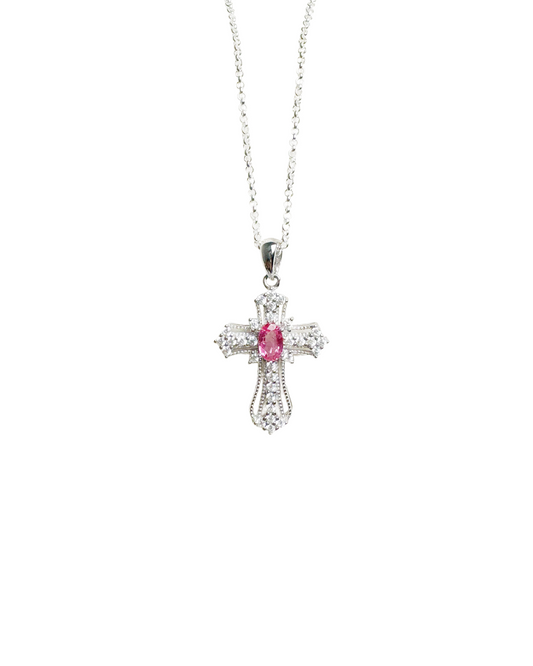 Natural Pink Sapphire Cross silver necklace with cubic zirconia front look. Modern fine jewelry.