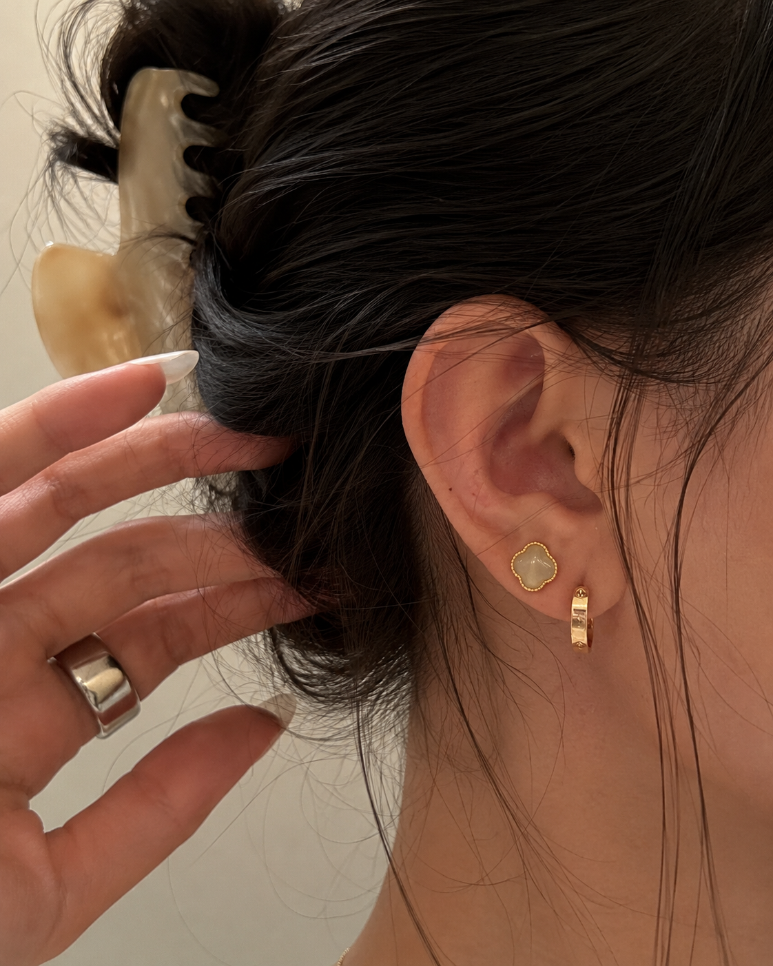 Lucky Clover White Nephrite Jade Stud Earrings in Gold-Plated Sterling Silver