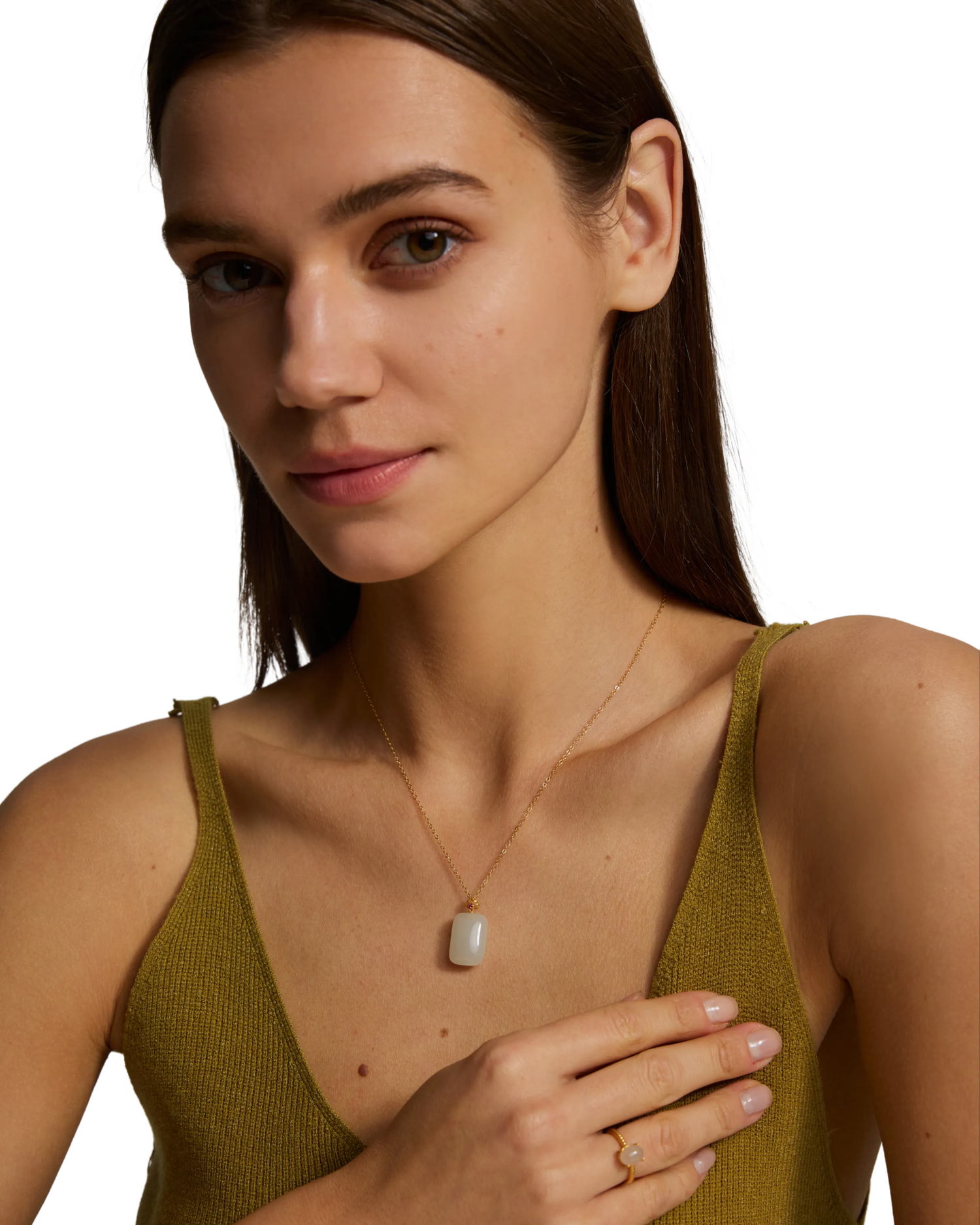 Wúshì Natural White Nephrite Jade Pendant Necklace with 18K Gold Bail