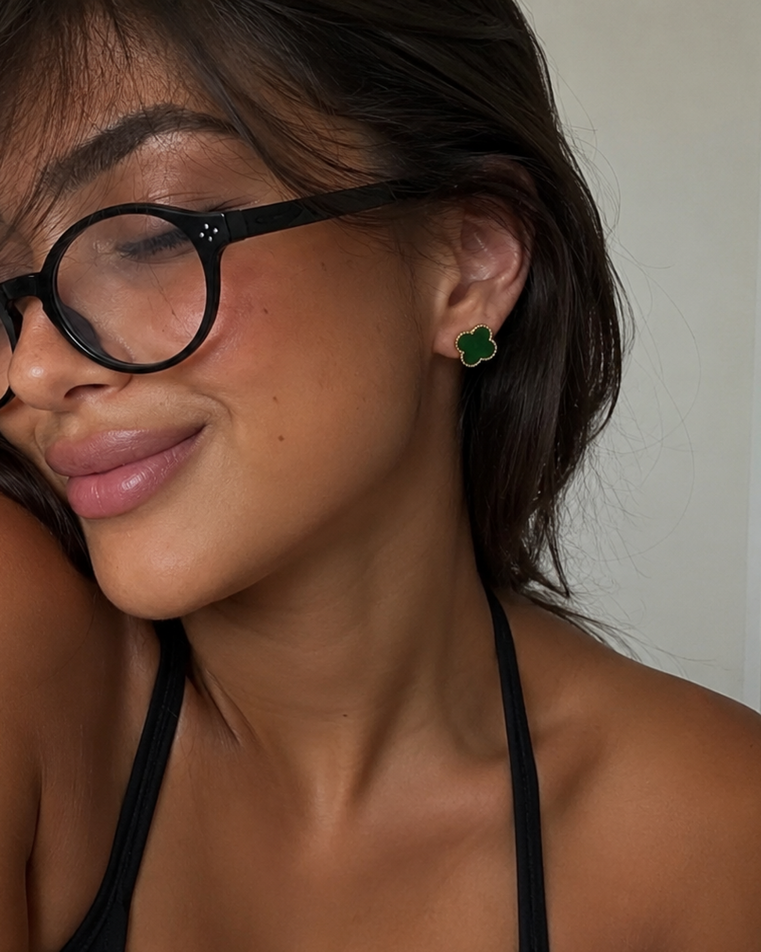 Fortune Clover Green Nephrite Jade Stud Earrings in Gold-Plated Sterling Silver