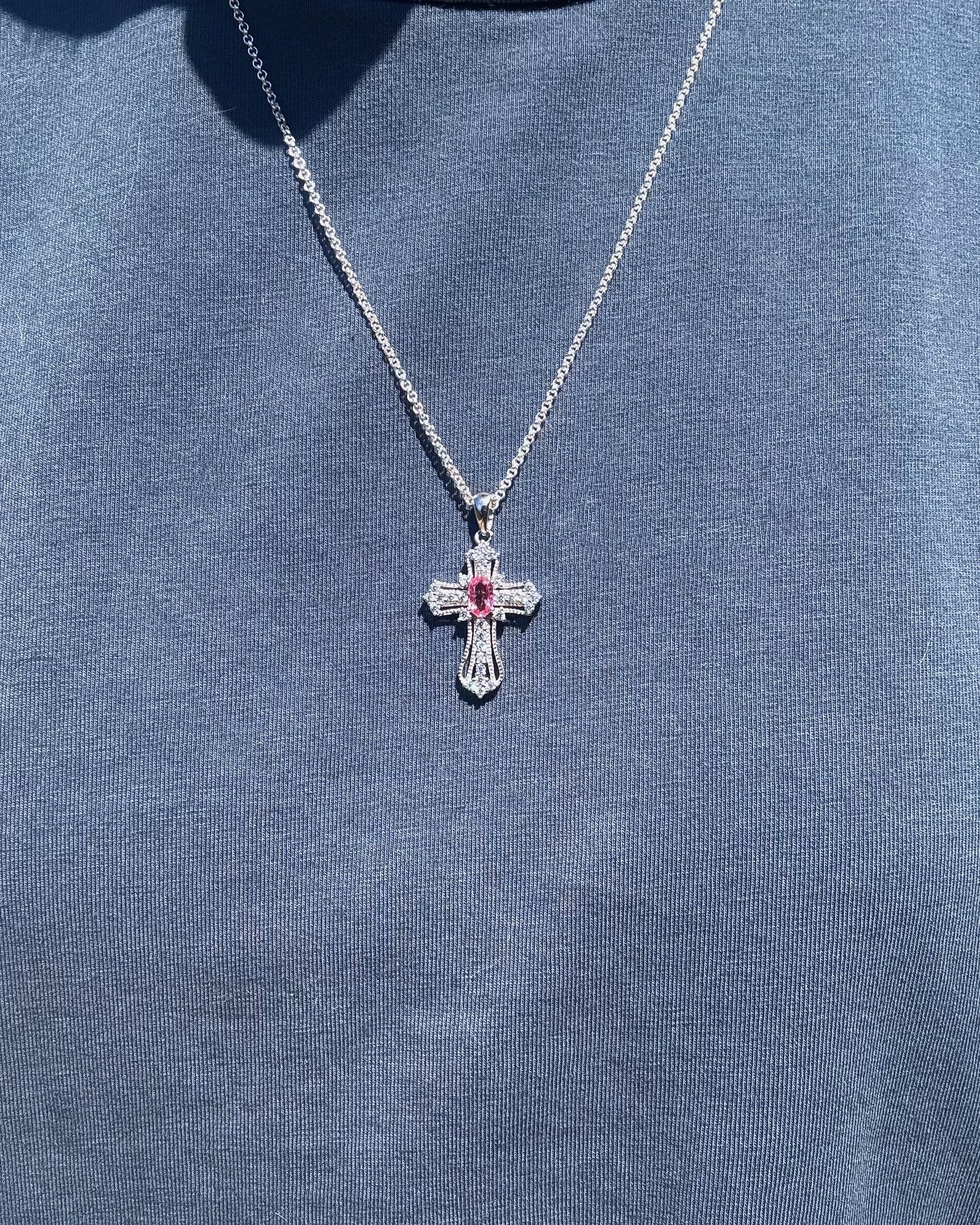 Pink Sapphire Cross Silver Necklace