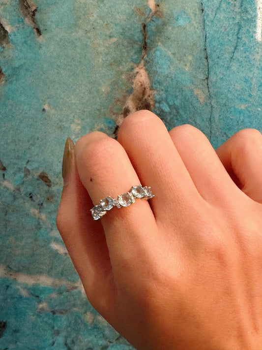 aquamarine silver band blue background close look