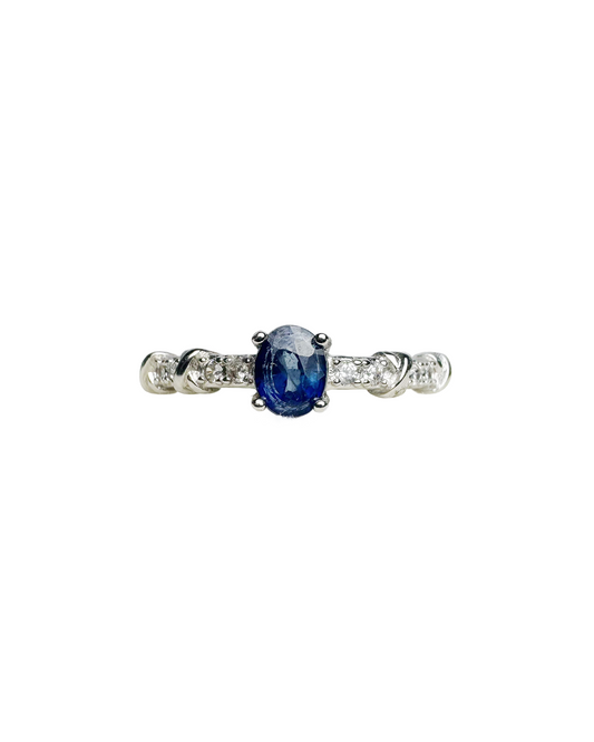 natural blue sapphire silver ring with cubic zirconia on the side front look