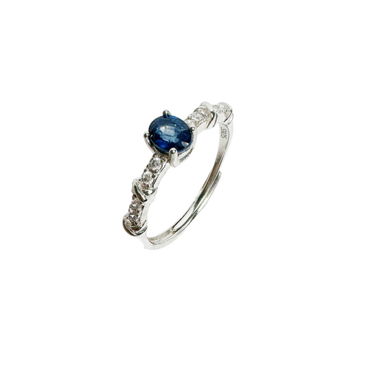 natural blue sapphire silver ring with cubic zirconia on the side side look