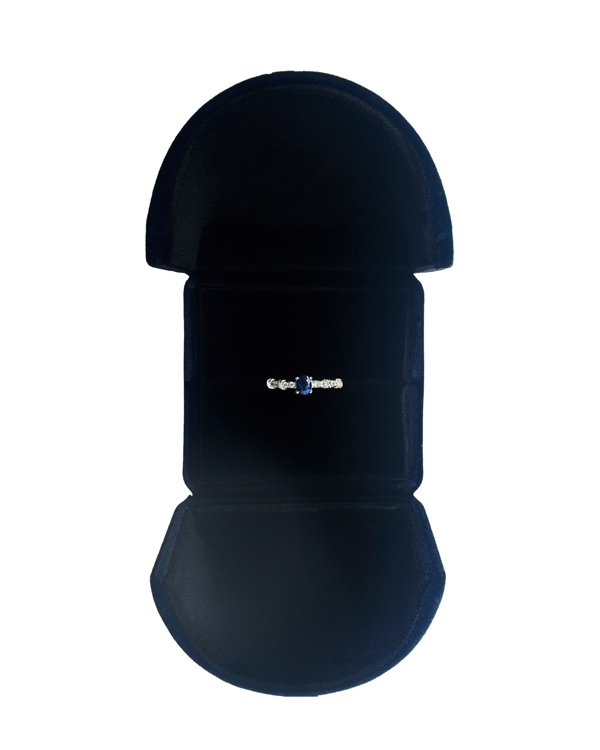 natural blue sapphire silver ring with cubic zirconia on the side in jewelry box