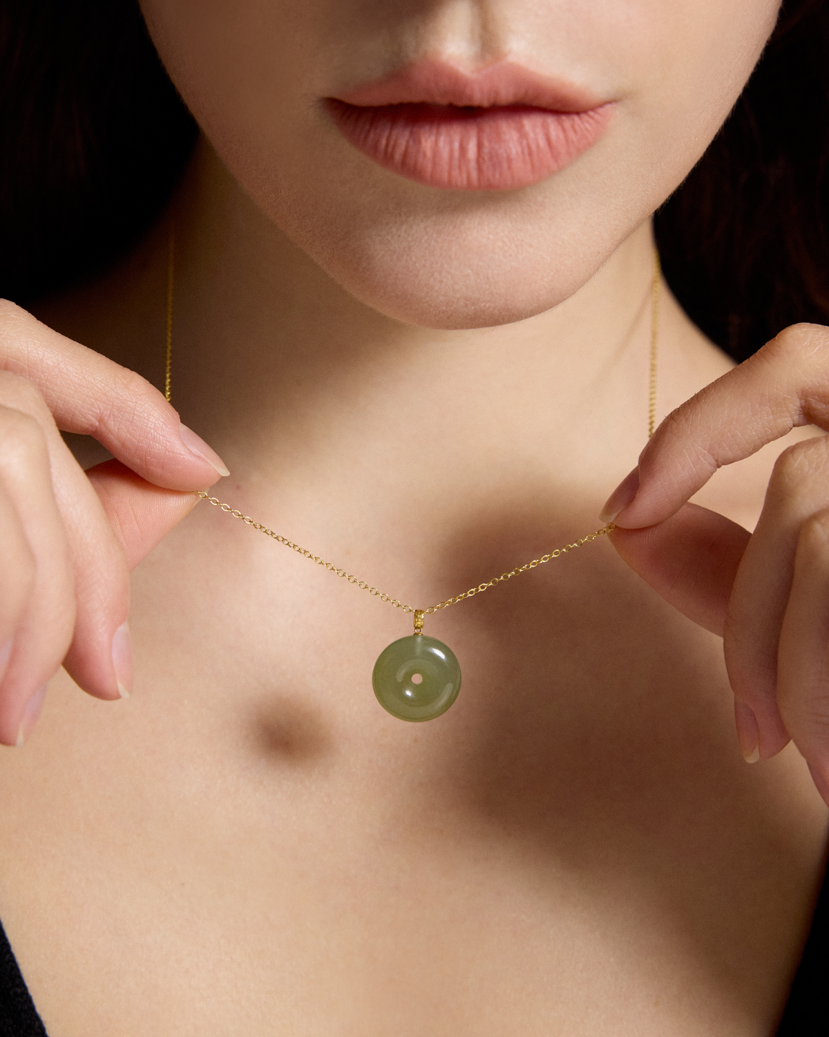 Button Jade Pendant Necklace with 18K Gold Bail