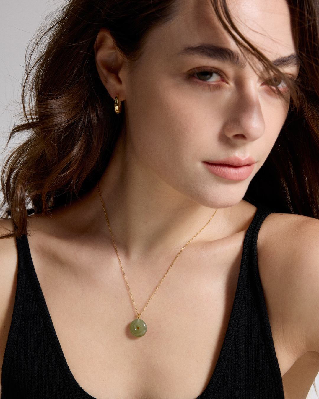 Button Jade Pendant Silver Necklace with 18k Gold Bail