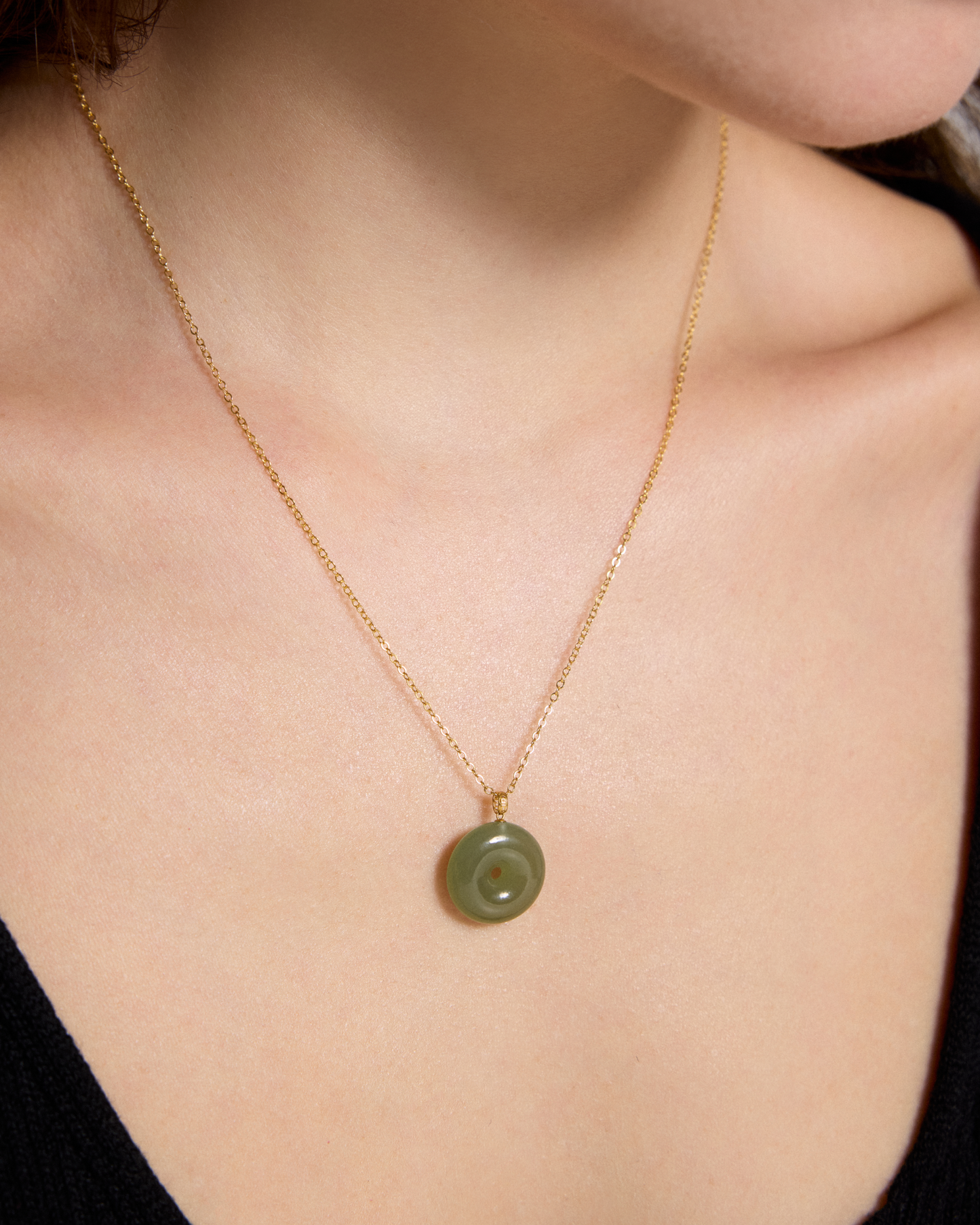 Button Jade Pendant Silver Necklace with 18k gold bail