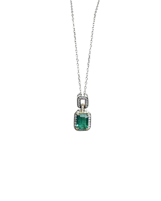 Natural emerald silver necklace with 18k gold plated claw setting and cubic zirconia on the side. Paired with 925 sterling silver.