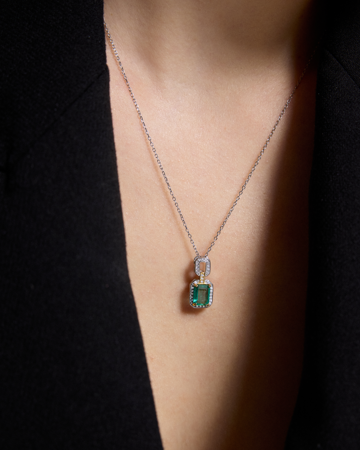 Verdant Grace Two Tone Natural Emerald Silver Necklace