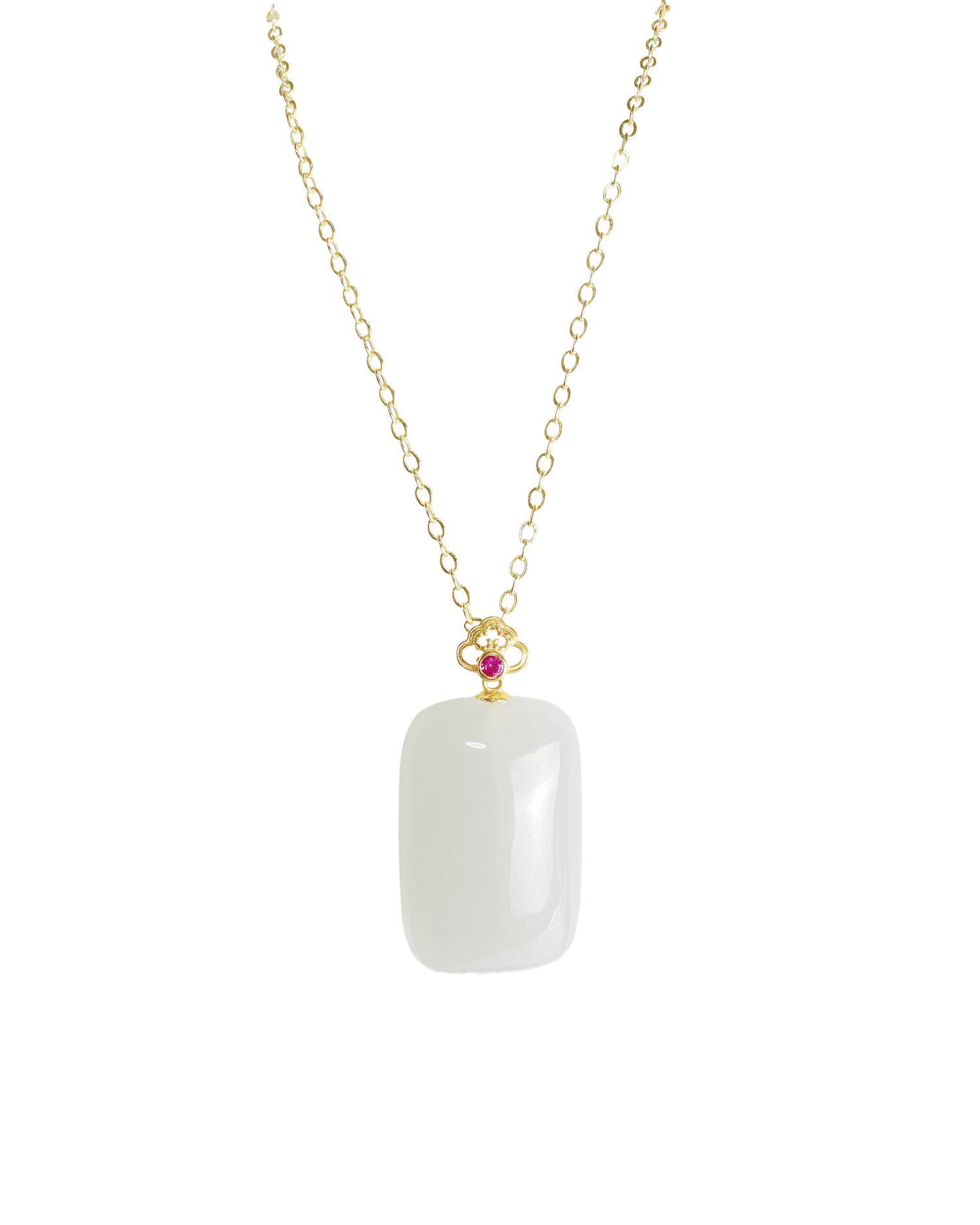 Wúshì Natural White Nephrite Jade Pendant Necklace with 18K Gold Bail