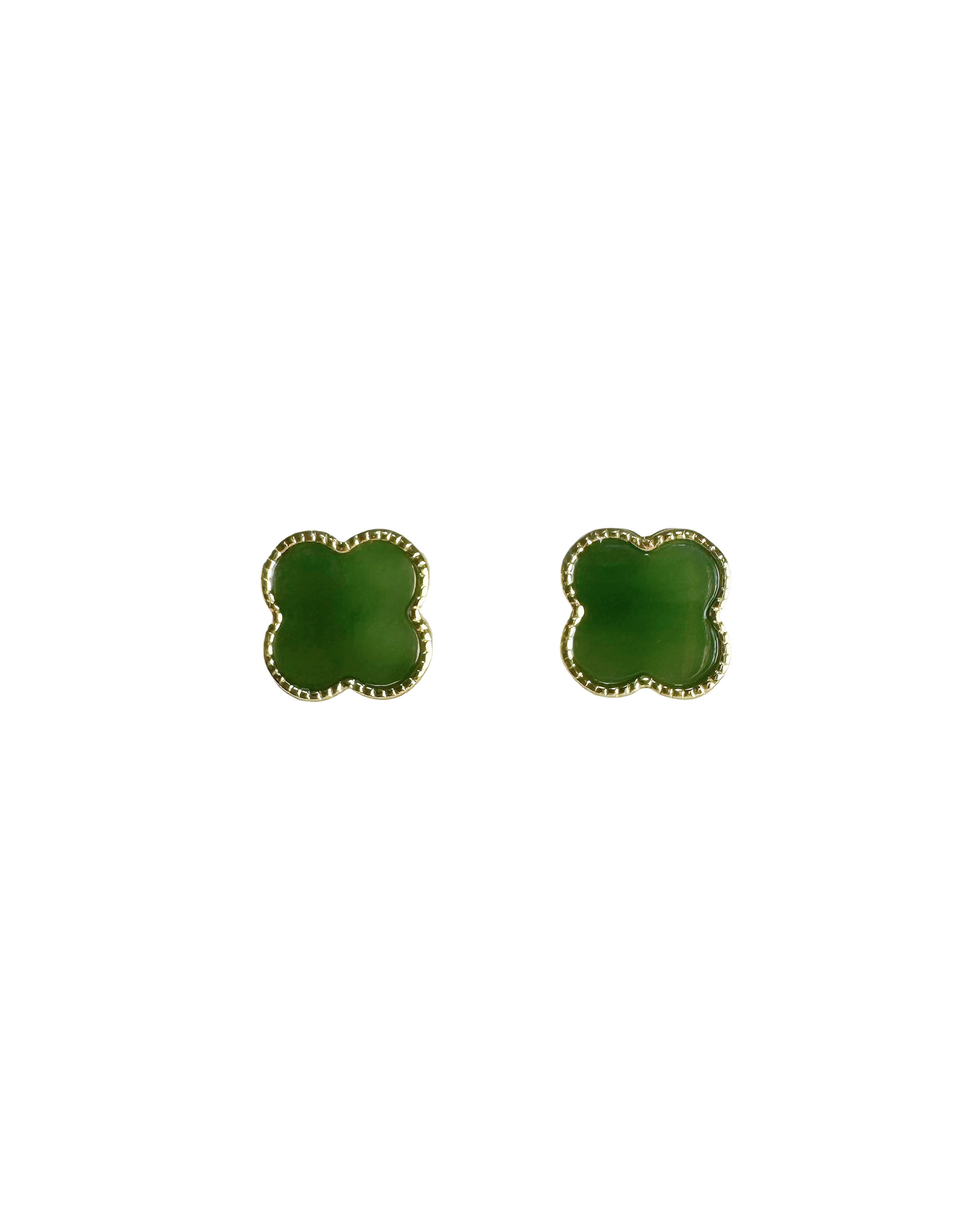 Fortune Clover Green Nephrite Jade Stud Earrings in Gold-Plated Sterling Silver