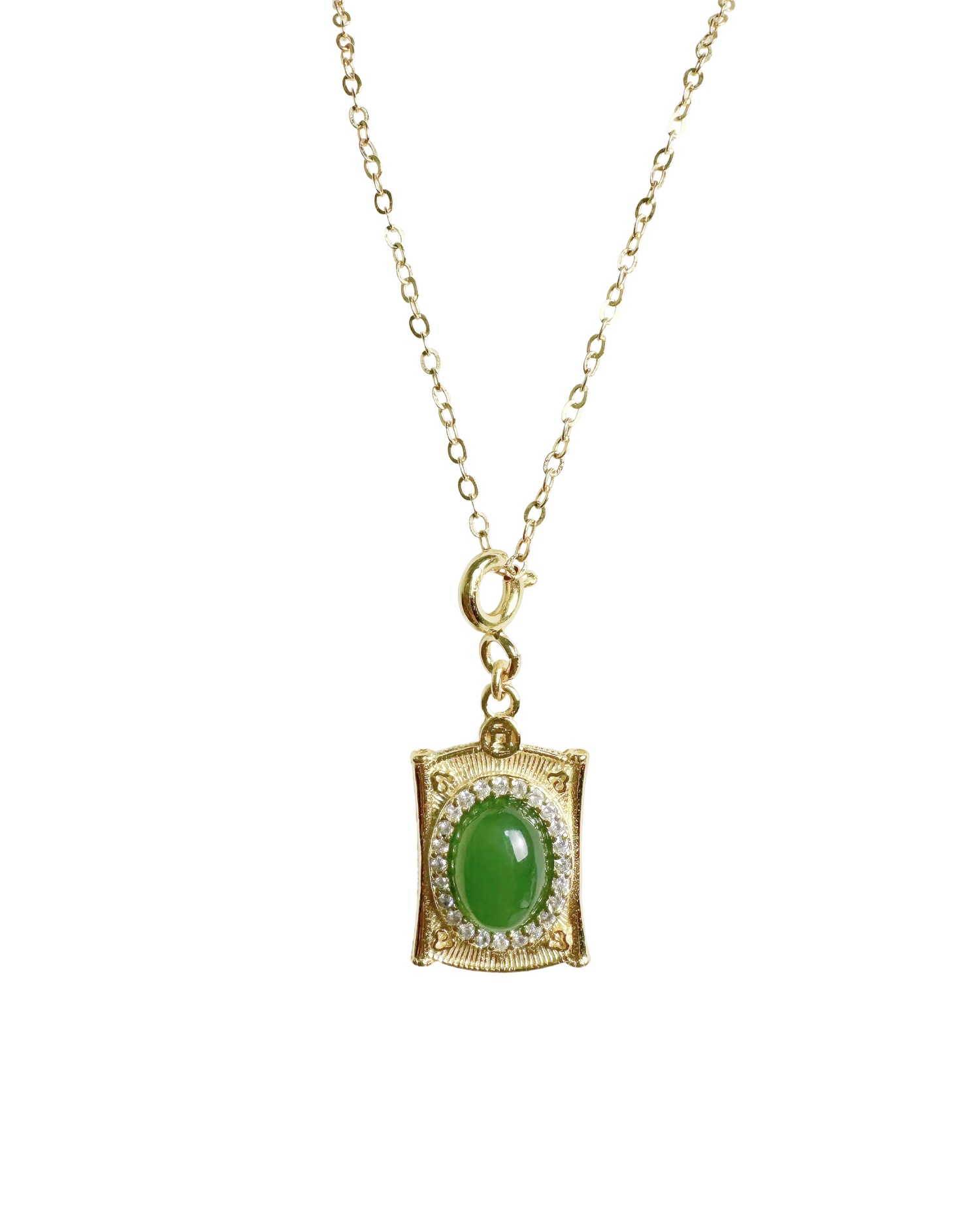 oval jade frame pendant silver necklace front