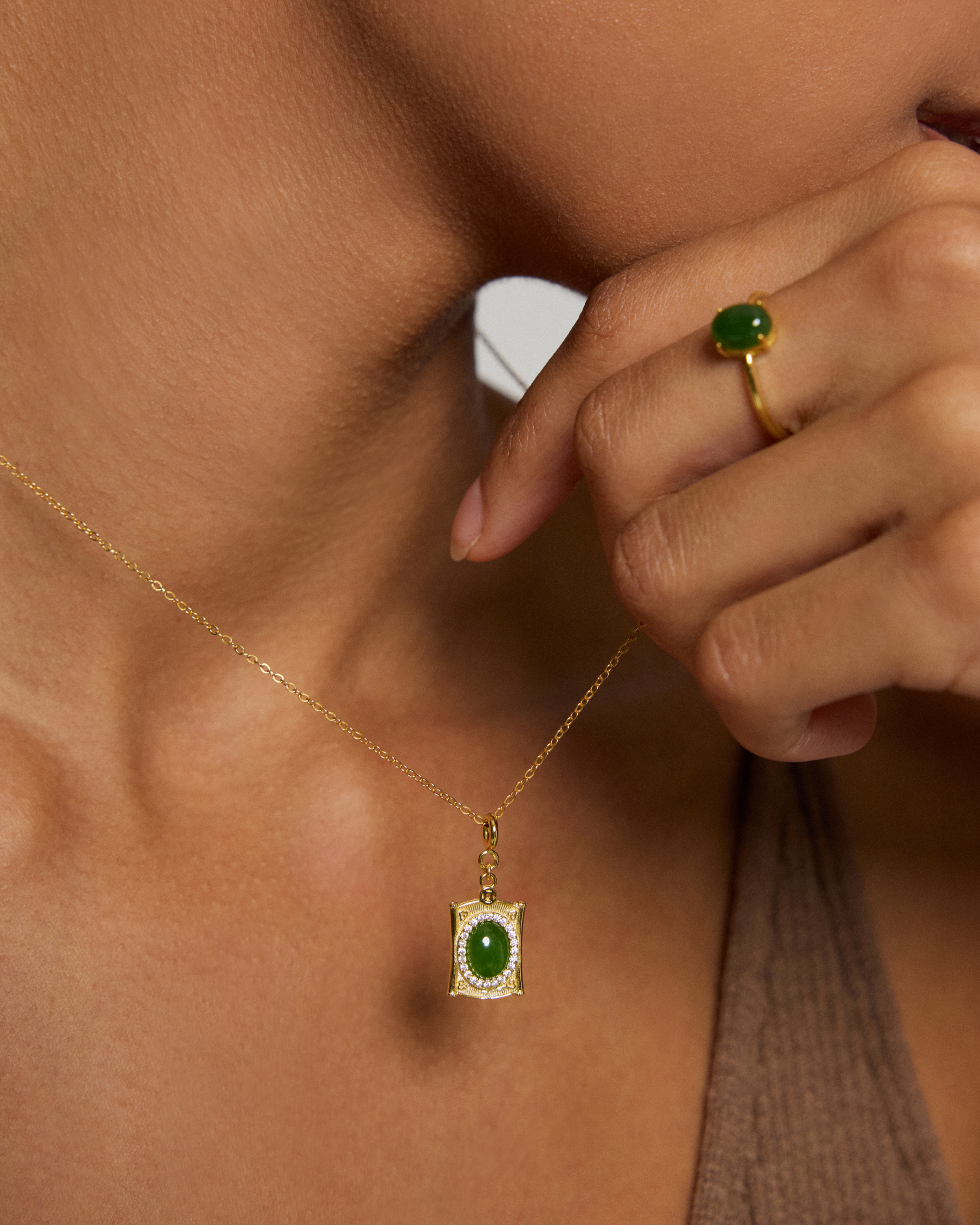 oval jade frame silver necklace paired with oval jade ring model look3