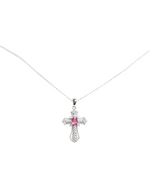 Natural Pink Sapphire Cross silver necklace with cubic zirconia closeup look. Modern fine jewelry.