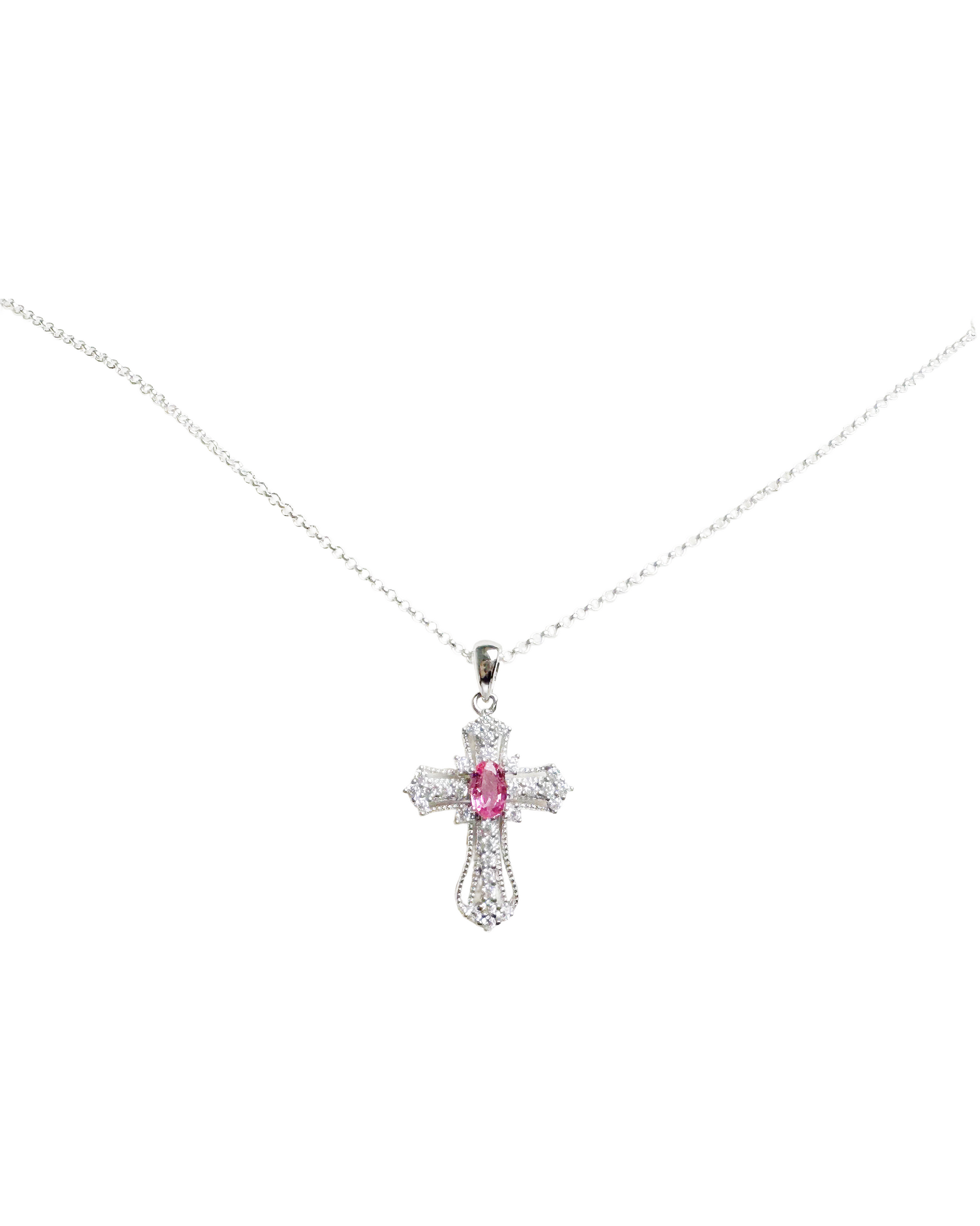 Natural Pink Sapphire Cross silver necklace with cubic zirconia closeup look. Modern fine jewelry.