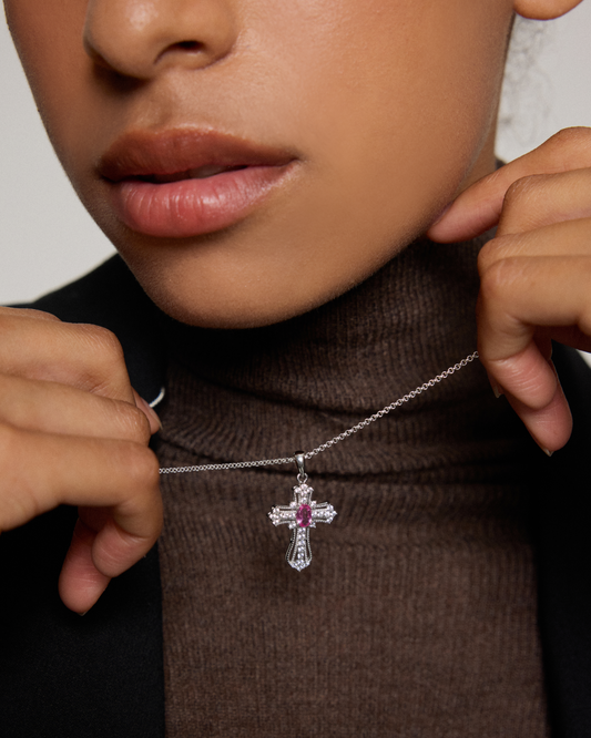 Pink Sapphire Cross Silver Necklace