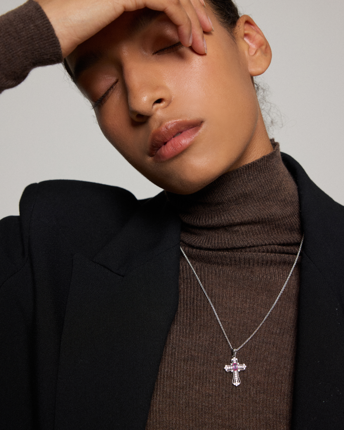 Natural Pink Sapphire Cross Necklace in Sterling Silver