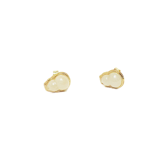 White Blessing Stud Earrings. Gourd-shaped white jade with gold plated 925 silver.
